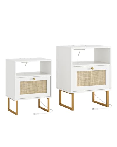 Image of Masupu Extra Large Rattan Nightstand,Boho Night Stand Modern Farmhouse Wood Bedside Table with Storage Drawer and Open Shelf,Side End Table for Bedroom,Living Room,Office White