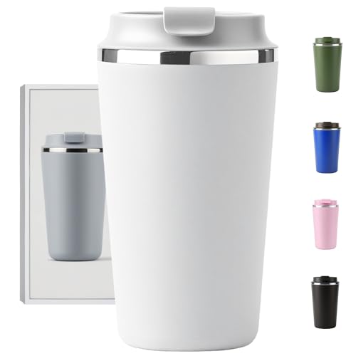 Copo Térmico Café - 510ml, Parede Dupla Isolamento Inox 304, Base Emborrachada, Quente 6 horas, Feito Para Viagem To Go (Branco)