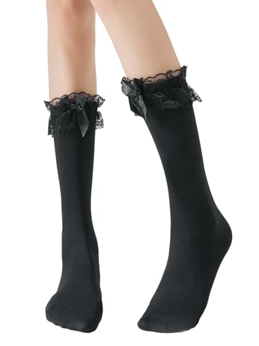 Image of Black Knee High Socks for Women with Lace Trim and Bow - Over-the-Knee Cosplay Stockings for Gothic Lolita, Maid Outfit, School Uniform, Halloween Costume
