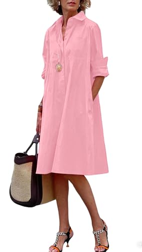 Image of chouyatou Women's Spring Summer Button-Down Shirt Dress Loose A-Line Midi Shift Tunic Dress