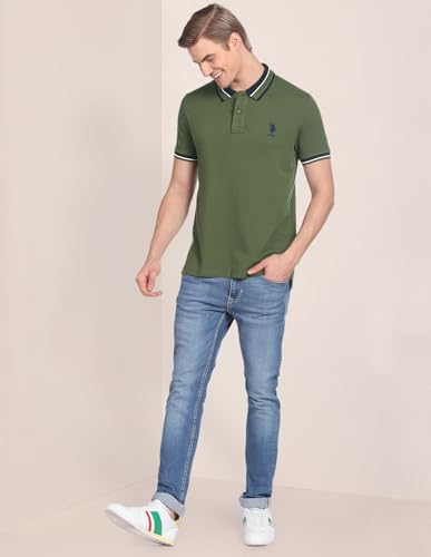 Image of U.S. POLO ASSN. Solid Slim Fit Polo T Shirt for Men - 100% Cotton, Half Sleeves Mens Tshirt - XXL, Olive