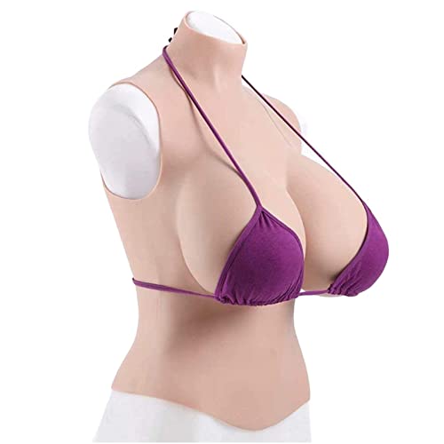 EIDEMED Poitrine en Silicone Col Rond Rempli Coton H Cup Poitrine Mammaires Demi Corps Travestis Transgenres pour Transgender Drag Queen Shemale Col Rond Demi-Corps, Ivoire Cover