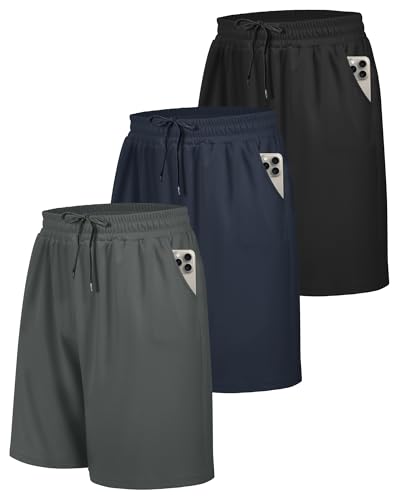 BOOJO 3 Pack Gym Shorts Men with Pockets UK Sports Breathable for Running TrainingBlack+Navy+Dark GreyL