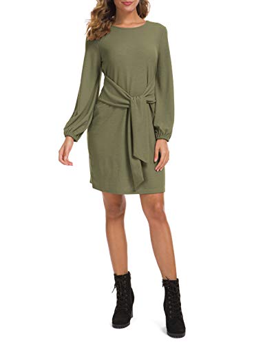 Lionstill Women's Elegant Long Sleeve Dress Casual Tie Waist Sweater Dresses Army Green Medium
