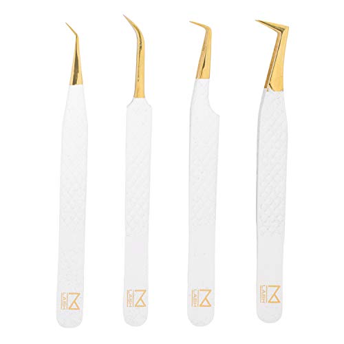 M LASH Set Of 4 Diamond Grip Eyelash Extensions Tweezers - Japanese Steel Lash Supply (White)