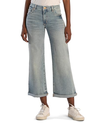 KUT from the Kloth Meg Mid Rise Wide Leg Roll-Up Long Inseam Jeans in Check