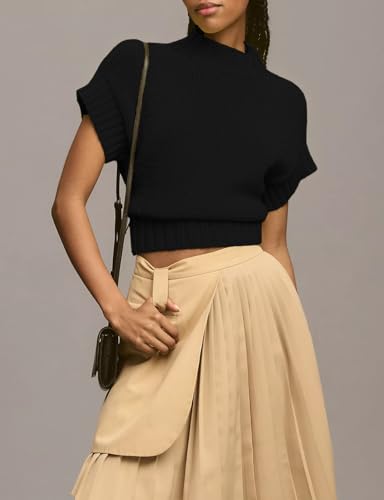 Image of Womens Mock Neck Cap Sleeve Sweater Vest Casual Solid Cropped Tank Tops Pullover Sweaters
