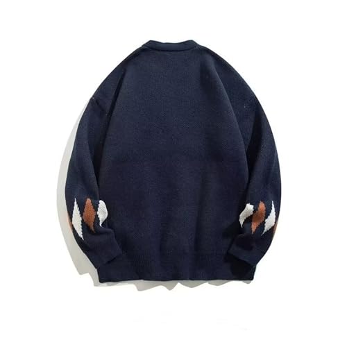 Men Argyle Pattern Sweaters V Neck Button Up Drop Shoulder Geo Cardigan Sweater Open Front Jumper with Pockets, Large, Blue2