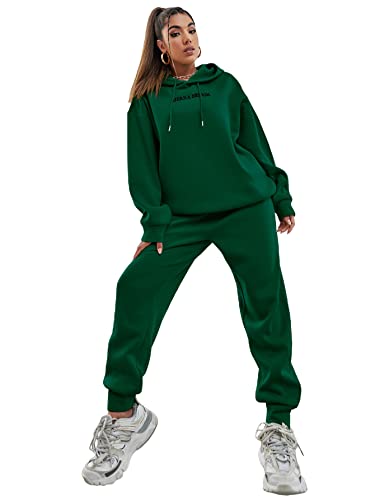 Makemechic Women's Sweatsuits 2 Piece Outfits Letter Embroidered Pullover Hoodie And Jogger Sweatpants Set Dark Green Xs #TOP10