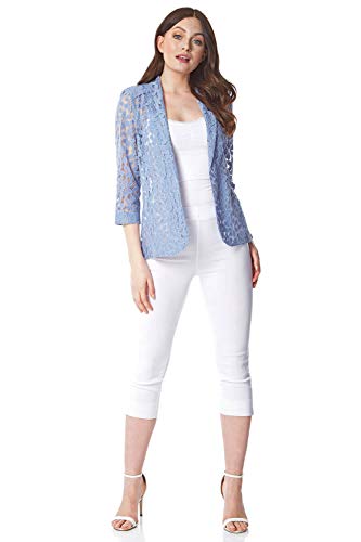 Roman Originals Women Floral Lace Jacket - Ladies Petal Cotton Blazer Smart Formal Occasion Wedding Guest Ascot Tailored Fitted Evening Cardigan - Blue - Size 10