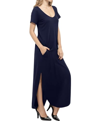 Image of Match Women's V-Neck Casual Loose Short Sleeve Long T-Shirt Dress Split Maxi Dress with Side Pocket