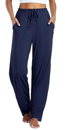 Vlazom Damen Schlafanzughose Modal Lang Weich Loungehose Freizeithose Yogahose Nachtwäsche Hosen mit Taschen Pyjamahose mit geradem Beinil（XXL，Marineblau）