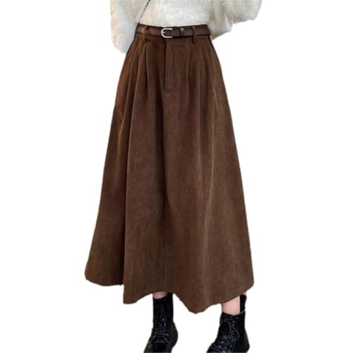 Women Vintage Fall Corduroy Long Skirt w/Belt Flowy A-Line Pleated Maxi Dress Japanese Style Cottagecore Midi Skirts