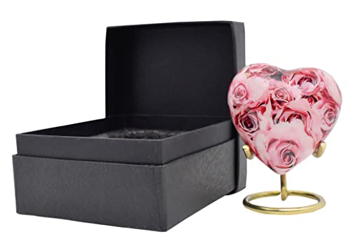 BOLD & DIVINE Urns for Human Ashes Adult Female and Men, Burial Urns, Decorative Urns, Funeral Urns, Cremation Urns for Women - Pink Rose, 1 Small Keepsake Heart with a Stand