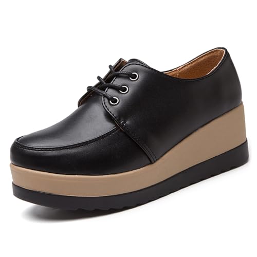 Women's Leather Platform Wedges Oxford Shoes Fashion Round Toe Thick Sole Lace Up Sneakers Casual Work Dress Oxfords