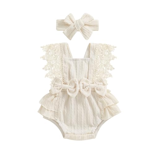 Image of FOMOYUU Newborn Baby Girl Clothes Summer Short Sleeve Jumpsuit Romper with Bow Headband Knit Ribbed Outfits