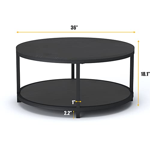 Image of NSdirect Round Coffee Table, 36 inch Rustic Wooden Surface Top & Sturdy Metal Legs Industrial Sofa Table for Living Room Modern Design Home Furniture with Storage Open Shelf (Black Oak)