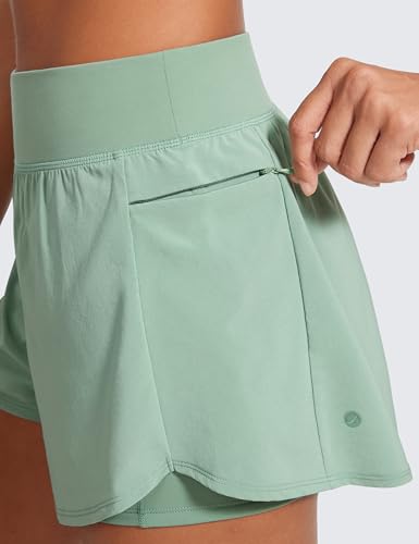 Image of CRZ YOGA 2 in 1 Double Layer Running Shorts for Women 3 inch - High Waisted for Athletic Tennis Workout with Zip Pockets