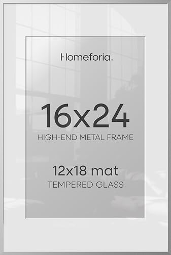 Image of Homeforia 16x24 Silver Picture Frames, High End Metal 16x24 Poster Frame with Mat 12x18 in Photo, 16 x 24 Silver Frame Matted to 12 by 18 Print, 24x16 Hanging Frame, Tempered Glass, Wall Kit, Set of 2