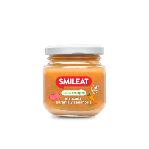 Smileat - Tarrito de Frutas Ecológicas con Manzana, Naranja y Zanahoria para peques +6 Meses - Sin Azúcar Añadido, Sin Sal, Sin Leche, Sin Huevos - 130g