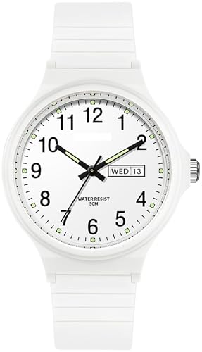 Waterproof Watches for Women White Ladies Female Easy to Read with Second Calendar Day Date Hand Analog Quartz Wrist Watch Luminous Colorful Simple Minimalist Design