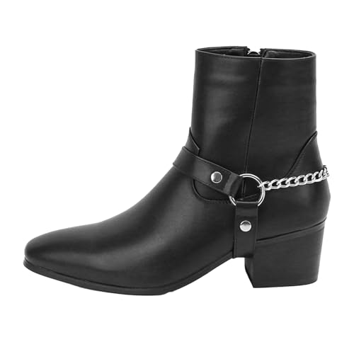 CHUUMEE Men's Belt Buckle Chain Strap Ankle Boots Fashion Side Zipper High Heel Dress Boots