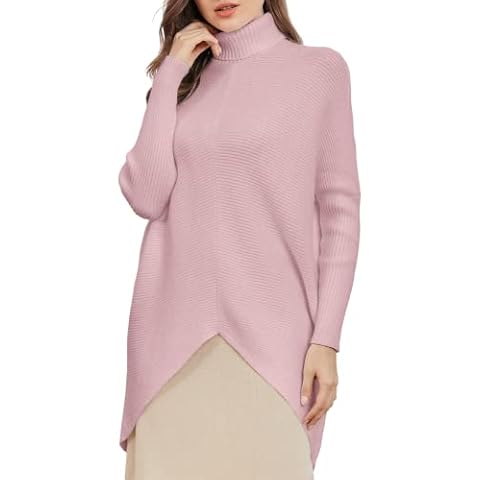 Lanliun Womens Turtleneck Sweater Long Batwing Sleeve Asymmetric Hem Pullover Knit Tops Pink Cover