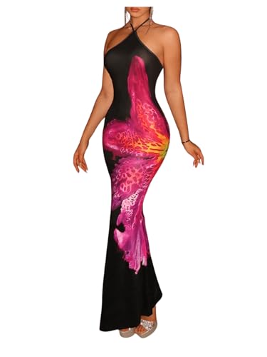 Floerns Women's Flower Print Floral Sleeveless Halter Dress Cocktail Bodycon Maxi Dress