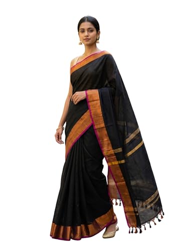 Image of Cotton Silk Sarees with zari border l Solid color cotton silk sarees for women l Bengal Handloom cotton sarees.