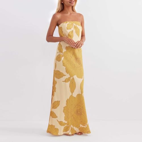 Image of Women Y2k Strapless Maxi Dress Summer Backless Floral Long Tube Dress Off Shoulder Cocktail Party Dress