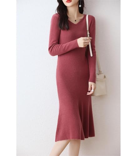 100% Wool Sweater Dress Women's Mid-Length Girl's Slim Fit V-Neck Long Sleeve Pullover A-line Knitted Long Dress3