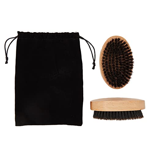 Round Boar Bristle Beard Brush with Wooden Handle and Travel Pouch (2.5 x 4.1 In, 2 Pack)