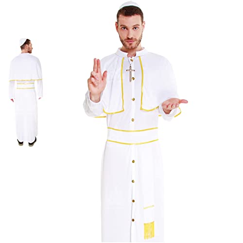 Partilandia Disfraz Papa Hombre【Tallas Adulto S a L】[Talla L]【Túnica Blanca y Bonete】 Disfraces Hombre Carnaval Profesiones Sacerdote Cardenal Clérigo