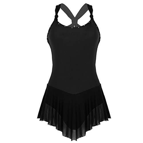 ranrann Maillot de Patinaje Artístico para Mujer Vestido de Danza Ballet Correas Cruzadas a Espalda Brillante Leotardo de Gimnasia Rítmica Traje Bailarina Negro Medium