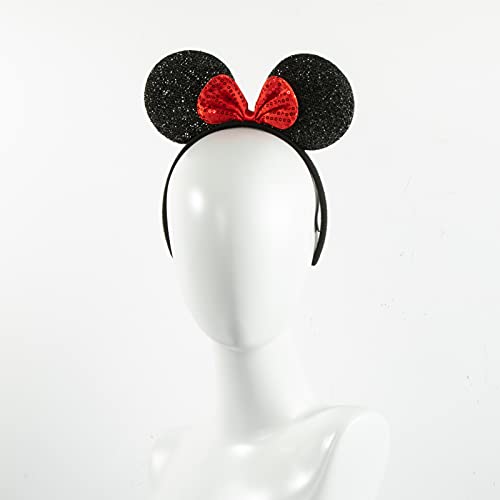 CHuangQi Mouse Ears Headband for Boys and Girls Birthday Party or Celebrations, Solid Black and Red Bow, 12pcs - Image 4