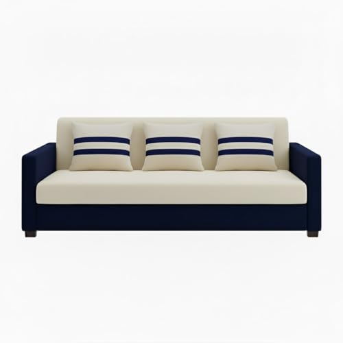 Image of FURNY Lifestylio 3 Seater Fabric Sofa Set (Cream-Dark Blue) Premium Velvet Finish | Ideal for Living Rooms, Offices