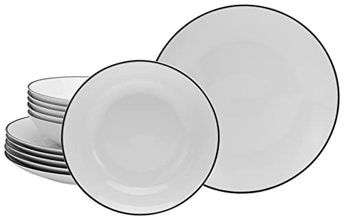 CreaTable, 13188, Serie Luna Black Line, 12-teiliges Geschirrset für 6 Personen, Tafelservice aus Porzellan, spülmaschinen- und mikrowellengeeignet, Qualitätsproduktion