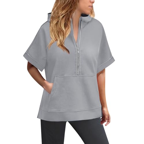 Image of Oversized Hoodie Women Gym Ladies Sweatshirts With Hood Womens Oversized Half Zip Hoodies Short Sleeve Casual Sweatshirts Pullover Tops With Pockets Sweatshirt Womens Hoodie Sweatshirt Women Grey