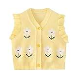 Mud Kingdom Cute Knitted Vest for Girls Floral Embroidery V-Shaped Lace Collar Cap Sleeve Layering Top Floral Yellow 12-18 Months