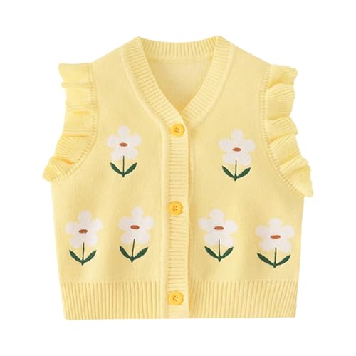 Mud Kingdom Cute Knitted Vest for Girls Floral Embroidery V-Shaped Lace Collar Cap Sleeve Layering Top Floral Yellow 12-18 Months