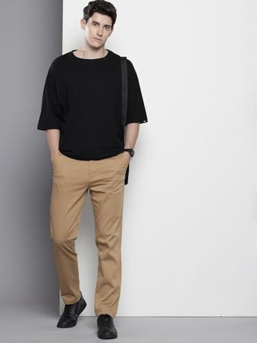Image of The Indian Garage Co Men Regular Fit Solid Mid-Rise Stretchable Chinos
