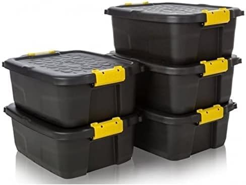 MaryMo 5 x 24L Heavy Duty Black Storage Crates & Lids Black Yellow Handles