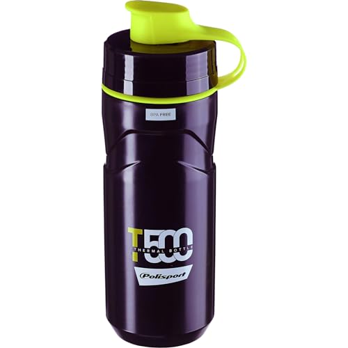 POLISPORT 8645500001 - Bidón Isotérmico T500 de Ciclismo de 500ml Botella de Agua para Ciclistas Bicicleta Sin BPA en Color Negro/Verde Lima