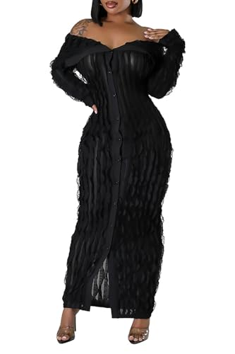 Yuopeid Women's Elegant Long Sleeve Off Shoulder Mesh Wavy Ruffle Front Slit Bodycon Maxi Beach Party Cover Up Dress