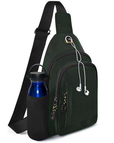 Image of BROTOU Unisex Crossbody Shoulder Bag, Waterproof Chest Bag with Side Mesh Bag and USB Hole, Travel Hiking Daypack (Army Green)