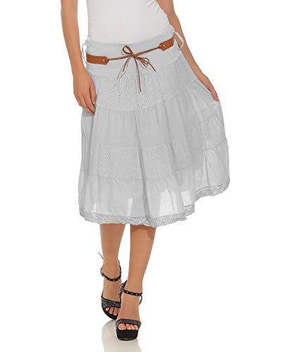 ZARMEXX falda de verano de las mujeres hasta la rodilla falda de la tela de la colmena de algodón con cinturón A-Line (gris claro, 36-40)