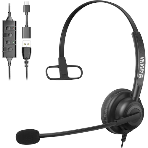 Arama USB Headset with Microphone Noise Cancelling for PC, Computer Headset, Mono Wired USB Headphone for Laptop, Online Classes, Call Center, Business, Teams Zoom Meetings, Skype Chat
