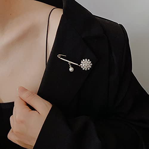 Image of Crystal Snowflake Brooch Pin Sweater Shawl Clip Faux Pearl Rhinestone Lapel Decorative Safery Pin Dress Jackets Suit Pants Skirt Waist Brooches Pins Delicate Jewelry Gifts for Women Girls Christmas