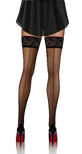 Sesto Senso Medias Autoadhesivas Mujer 20 DEN Negra con Linea Trasera Encaje con Silicona 3/4 Costura