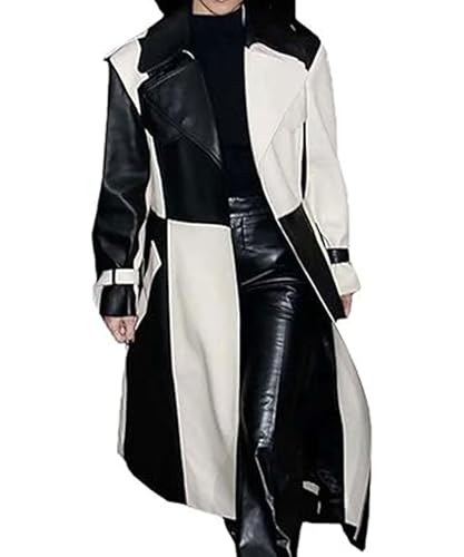 Women's Casual Real Lambskin Designer Handmade Two Tone Black Long Leather Trench Coat Full Length Overcoat Women